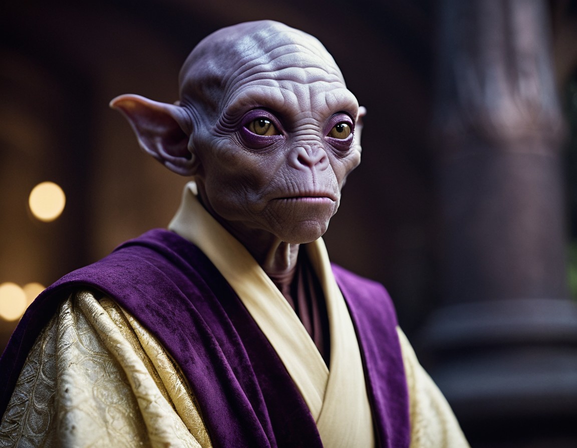 Malsin Yundo, the Archive Keeper — an aged purple-skinned alien scholar in gold and purple Jedi-style robes, lit by warm library lamplight