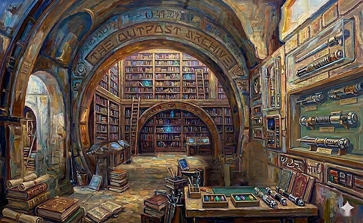 The Outpost Archive — interior of the library on Batuu, warm amber light through stone arches, ancient holocron pedestals in view