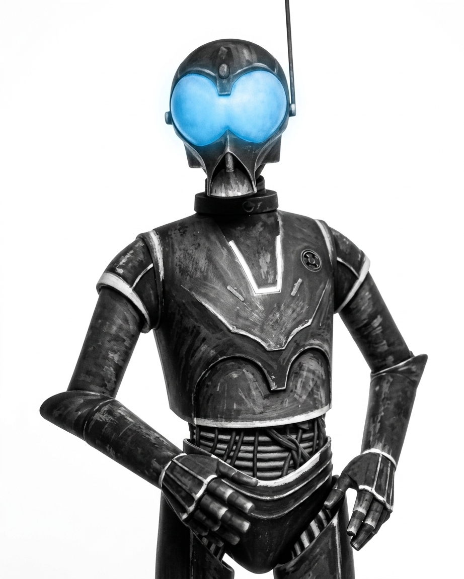 Zade Shimadan, Operations Manager at Black Spire Sabers — a Q9-0 droid chassis with matte black panels, orange accents, and sky-blue eyes; a small worn baseball cap is strapped to his waist.